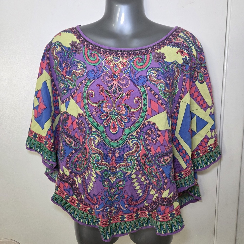 Flying‎ Tomato Boho Paisley Poncho Blouse Colorful Batwing Festival Top S/M